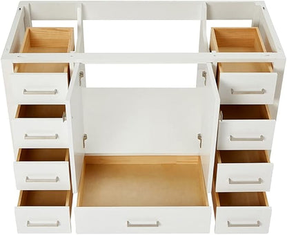 ARIEL Cambridge 48-inch Bathroom Vanity Base Cabinet,Solid Wood, 2 Soft Closing Doors, 9 Dovetail Drawers, White