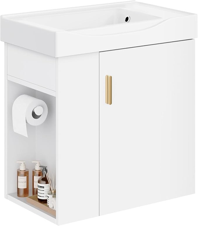 phiestina 20 Inch White Floating Small Bathroom Vanity, Pre-Assembled Wall-Mounted Cabinet with Sink, Left Side Storage, Soft-Close Door, Modern Space-Saving Design, No Faucet, BV07-20-WHITE-PLUS
