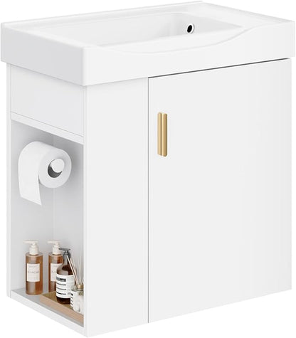 phiestina 20 Inch White Floating Small Bathroom Vanity, Pre-Assembled Wall-Mounted Cabinet with Sink, Left Side Storage, Soft-Close Door, Modern Space-Saving Design, No Faucet, BV07-20-WHITE-PLUS
