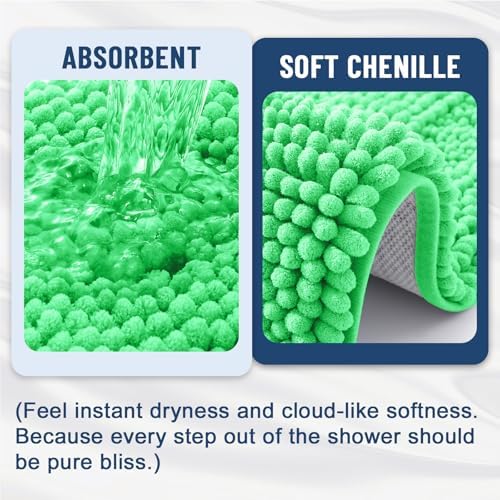 Grandaily Chenille Striped Bathroom Rugs 36x24, Extra Thick and Soft Absorbent Bath Mats, Rubber Backing, Plush Shaggy Shower Carpet, Machine Wash Dry, Bath Rug for Bathroom, Mint Green
