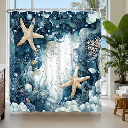 Deep Blue Bathroom Shower Curtain with 12 Hooks, Underwater Starfish Ocean Shower Curtain with Metal Grommets & Weighted Hem, Machine Washable Waterproof Shower Curtains for Bathroom, 72x72 Inches