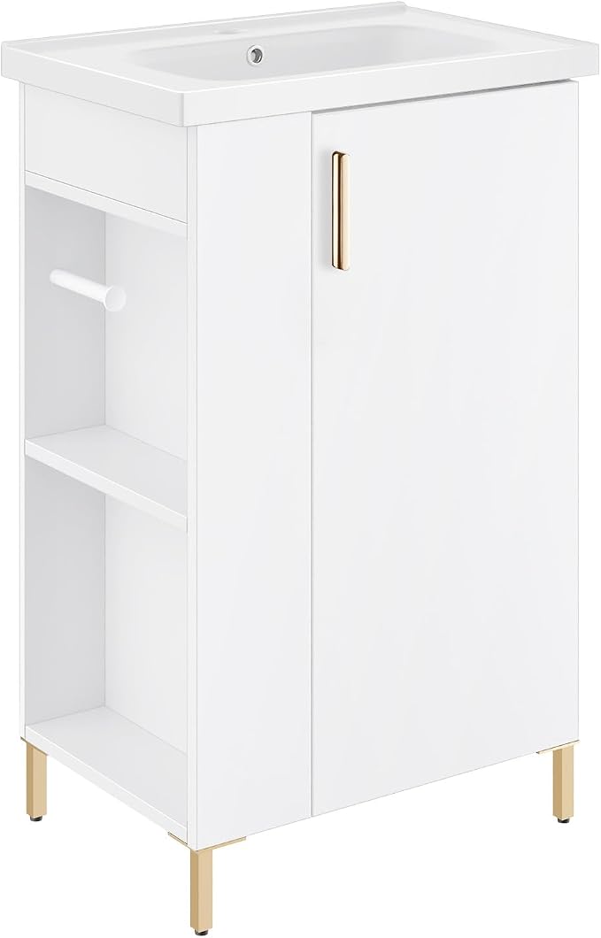 20 Inch White Pre-Assembled Small Bathroom Vanity Cabinet with Ceramic Sink, Soft-Close Door, Left Side Storage, Space-Saving Design, No Faucet,BV05-20-WHITE-PLUS