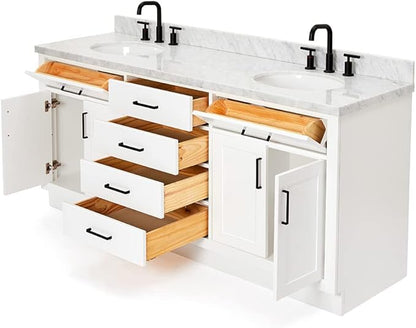 ARIEL Hepburn 72-inch Bathroom Vanity with Sink,Solid Wood, 1.5-inch Italian Carrara Marble Countertop & Backsplash, Double Oval Porcelain Sink, 4 Soft Closing Doors, 6 Dovetail Drawers, White