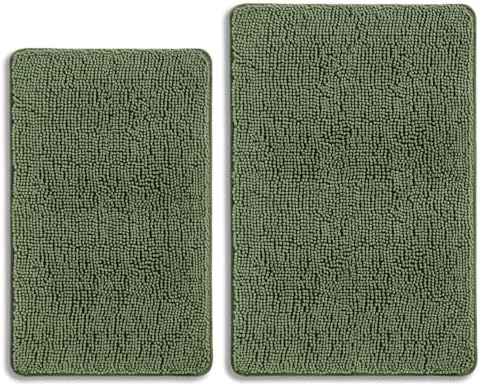 Loden Green Bathroom Rugs Sets 2 Piece – Absorbent and Washable Bath Mat, Non-Slip, Thick Soft Chenille Bath Rugs for Bathroom Floor, Shower, Sink - 20" x 32"+24" x 36"