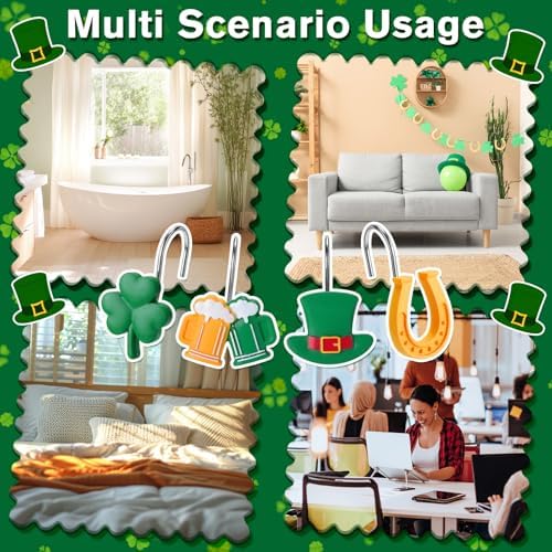 Thyle 12 Pcs St Patrick's Day Shower Curtain Hooks, Irish Ornament Rings with Shamrock Green Hat Horseshoe Beer Mug Curtain Hangers Irish Decorative for Home Holiday Bathroom Bedroom Accessories Decor