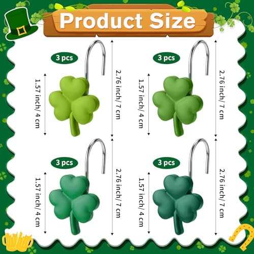 Thyle 12 Pcs St Patrick's Day Shamrock Shower Curtain Hooks, Clover Resin Ornament Rings Green Shamrock Curtain Hangers Irish Decorative Rings Accessories for Home Holiday Bathroom Restroom Decor