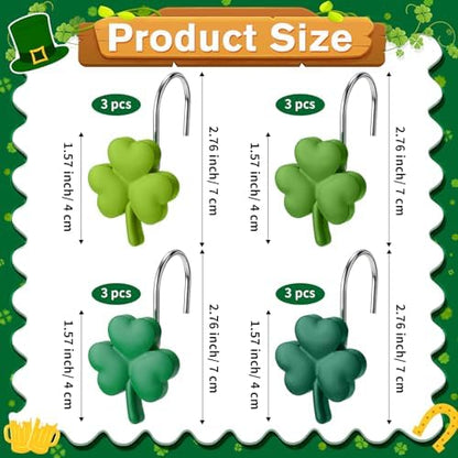 Thyle 12 Pcs St Patrick's Day Shamrock Shower Curtain Hooks, Clover Resin Ornament Rings Green Shamrock Curtain Hangers Irish Decorative Rings Accessories for Home Holiday Bathroom Restroom Decor