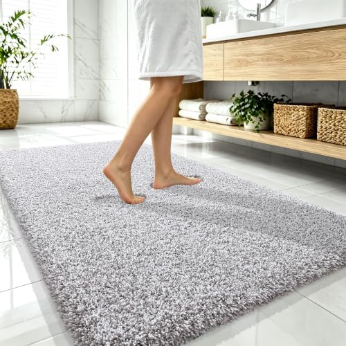 OLANLY Microfiber Bathroom Rugs 59x35, Quick Dry Mat, Light Grey and White