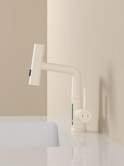 Bathroom One Hole Sink Basin Faucet with Waterfall Pull Down Sprayer,Vanity Single Handle 1 Hole Pull Out Faucet with Rainfall Spray Head Temperature Digital Display Mixer Tap Cream White