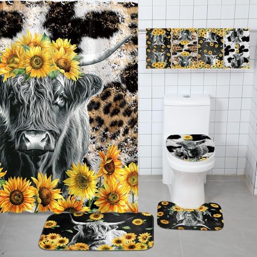 FuWeave 8 Pcs Highland Cow Shower Curtain Sets for Bathroom Sunflower Farm Cow Shower Curtain Sets Bathroom Accessories with Towels Carpet Bath Mat Toilet Rugs and 12 Hooks