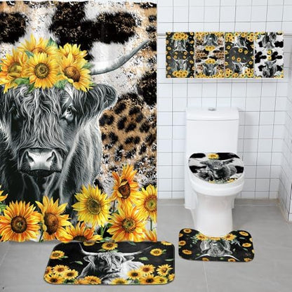 FuWeave 8 Pcs Highland Cow Shower Curtain Sets for Bathroom Sunflower Farm Cow Shower Curtain Sets Bathroom Accessories with Towels Carpet Bath Mat Toilet Rugs and 12 Hooks