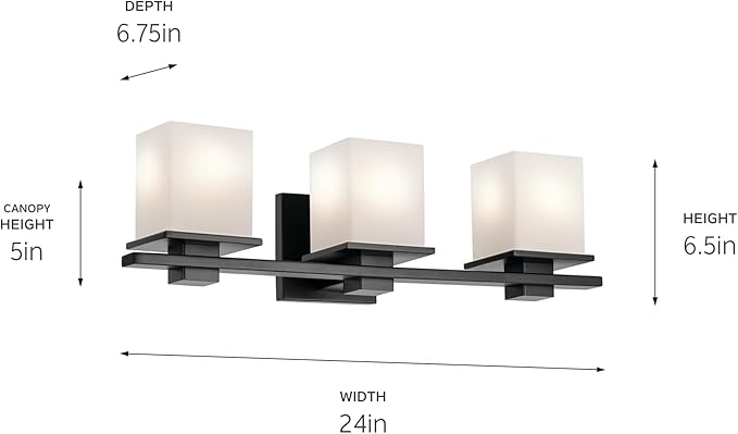 Kichler Tully 24" 3-Light Vanity Light with Satin Etched Cased Opal Glass in Black for Over a Vanity, Soft Modern Style, (24" x 6.5" x 7"), 45151BK