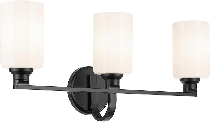 Kichler Gioe 24.25" 3-Light Vanity Light with Opal Glass in Black, Damp Rated, for Bathroom, Powder Room, Over a Mirror, (24.25" W x 10.5" H), 55226BK