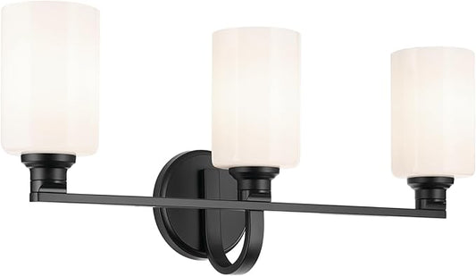 Kichler Gioe 24.25" 3-Light Vanity Light with Opal Glass in Black, Damp Rated, for Bathroom, Powder Room, Over a Mirror, (24.25" W x 10.5" H), 55226BK