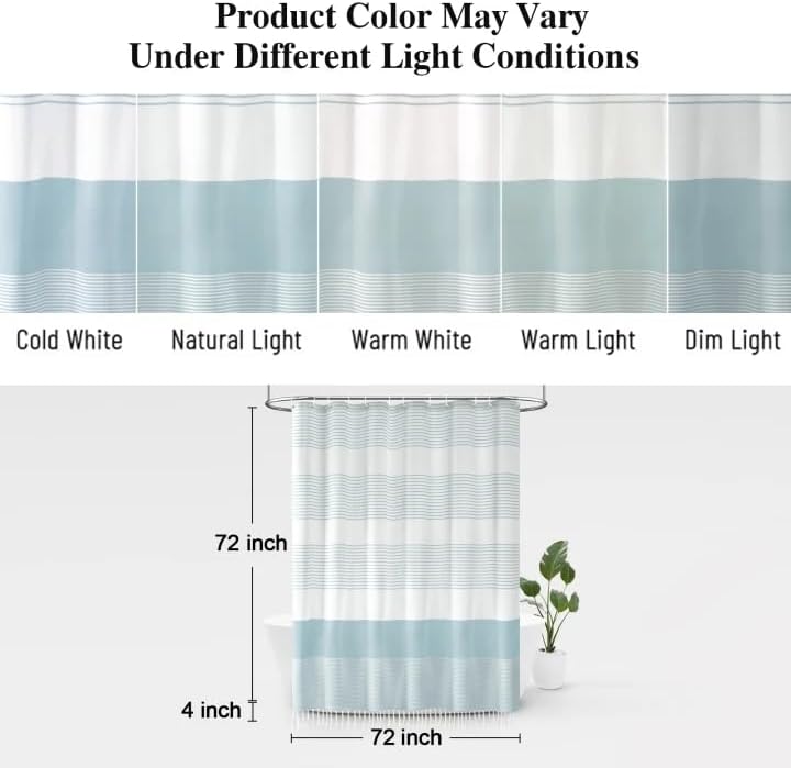 Aqua Blue Coastal Ocean Cotton Striped Shower Curtain with Tassel 72W X 72L