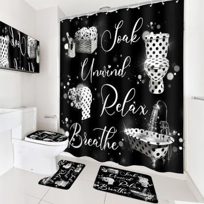 Polka Dot Fashion Funny Quotes 4Pcs Bathroom Shower Curtain Set with Rugs