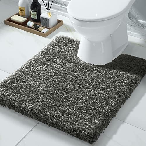 Yimobra Toilet Rugs U Shaped 24X20, Ultra Soft and Water Absorbent Bath Mats, Non Slip Fluffy Luxury polyester Contour Bath Rugs for Toilet, Dry Quick, Machine Washable, Light Gray and Black Gray