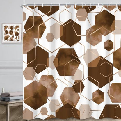 deFouliao Brown Modern Shower Curtain Geometric Grid Art Abstract Waterproof Bathroom Curtain for Bathtub Home Hotel Decor, Washable with Hooks, 36x72 Inch
