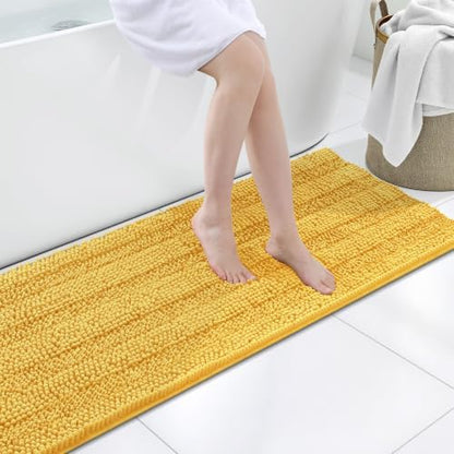 Grandaily Chenille Striped Bathroom Rugs 59x20, Extra Thick and Soft Absorbent Bath Mats, Rubber Backing, Plush Shaggy Shower Carpet, Machine Wash Dry, Bath Rug for Bathroom, Light Yellow