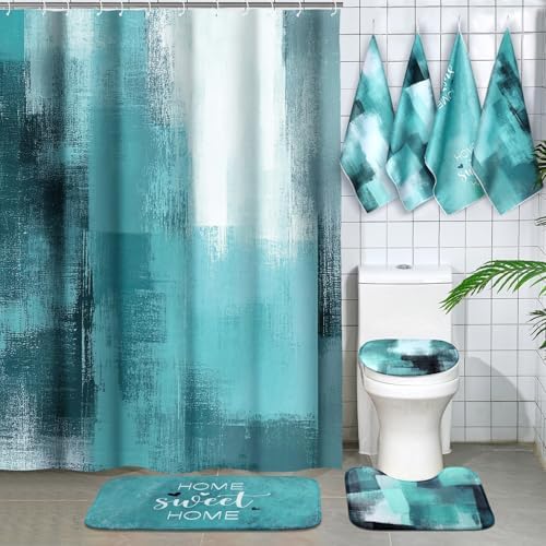 Honoson 8 Pcs Teal Bathroom Shower Curtain Set with Non-Slip Rugs, Towels and Bath Mat, Modern Abstract Turquoise Bathroom Decor Set for Farmhouse Country Summer Housewarming Gifts Decor