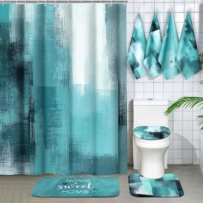 Honoson 8 Pcs Teal Bathroom Shower Curtain Set with Non-Slip Rugs, Towels and Bath Mat, Modern Abstract Turquoise Bathroom Decor Set for Farmhouse Country Summer Housewarming Gifts Decor
