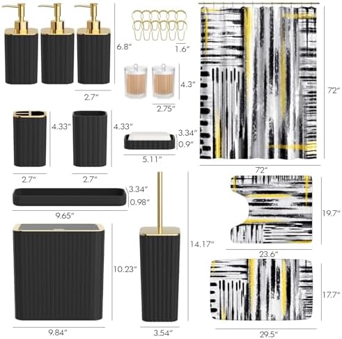 Bathroom Set - Bathroom Accessory Set, Black Bathroom Set, 26PC Bathroom Sets with Shower Curtain and Rugs, Toilet Brush, Trash Can, Qtip Holder & Bathroom Soap Dispenser Set