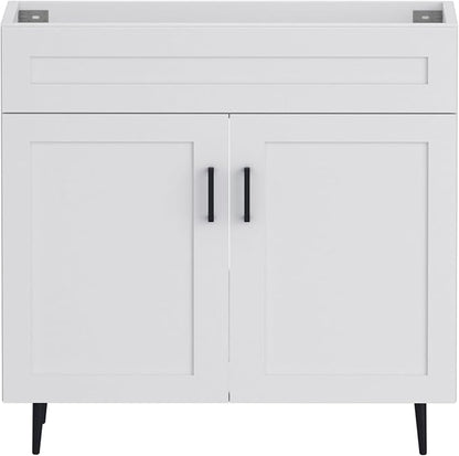 36 Inch Bathroom Vanity, Freestanding Wooden Bathroom Vanity with 2 Doors and Metal Legs, Bathroom Cabinet Vanity Without Ceramic Sink (White Without Sink, 36")