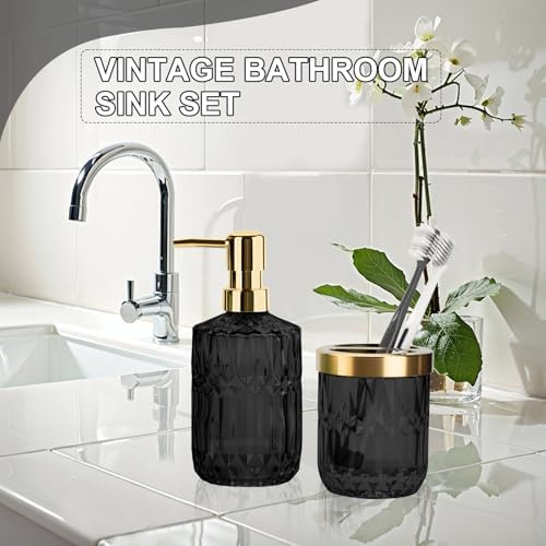 RRM Glass Bathroom Toothbrush Holder and Soap Dispenser Set,Black Gold