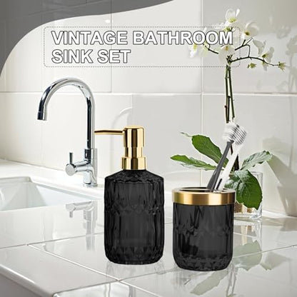 RRM Glass Bathroom Toothbrush Holder and Soap Dispenser Set,Black Gold
