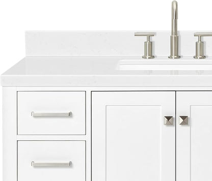 DKB Beckford 48-Inch Bathroom Vanity with Sink — White Single Sink Bathroom Vanity, 1.5" Edge Carrara White Quartz Countertop, Solid Wood, 2 Soft-Close Doors, 9 Dovetail Drawers