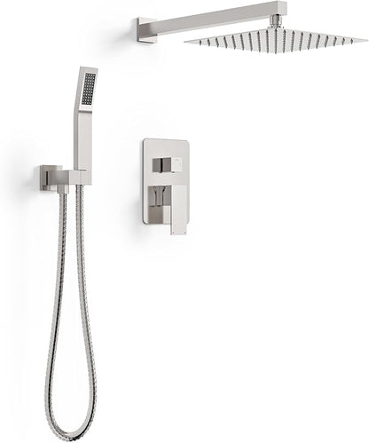 Longriver Shower Faucet Set, Shower System Bathroom High Pressure 10 Inches Rainfall Shower Head with Handheld Spray, Wall Mounted Shower Fixtures with Shower Valve and Trim Kit, Brushed Nickel