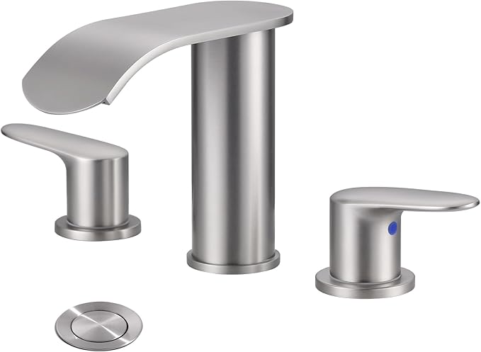 WOWOW Waterfall Bathroom Faucet 3 Holes 8Inch Widespread Bathroom Sink Faucet, Two Handles Brushed Nickel Bathroom Faucet with Pop-up Drain & Supply Hoses, Modern Faucet Mixer Taps Brushed Nickel