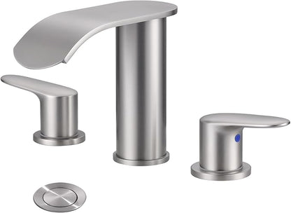 WOWOW Waterfall Bathroom Faucet 3 Holes 8Inch Widespread Bathroom Sink Faucet, Two Handles Brushed Nickel Bathroom Faucet with Pop-up Drain & Supply Hoses, Modern Faucet Mixer Taps Brushed Nickel