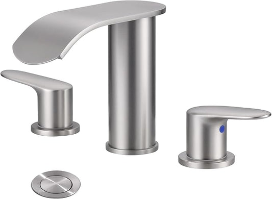 WOWOW Waterfall Bathroom Faucet 3 Holes 8Inch Widespread Bathroom Sink Faucet, Two Handles Brushed Nickel Bathroom Faucet with Pop-up Drain & Supply Hoses, Modern Faucet Mixer Taps Brushed Nickel