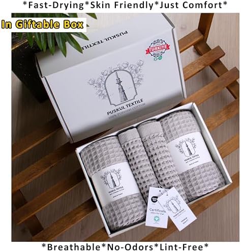 PÜSKÜL Natural 100% Turkish Cotton Waffle Towels Set of 4-Piece, L.-Gray