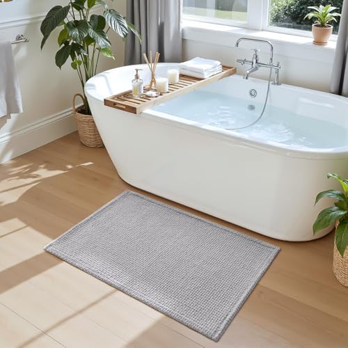 DEXI Chenille Bath Mat 43x24, Soft Absorbent Bathroom Rugs, Light Grey