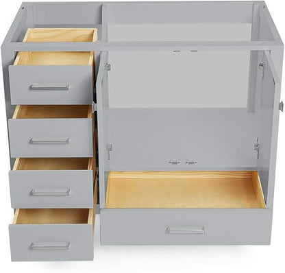 ARIEL Cambridge 42-inch Bathroom Vanity Base Cabinet,Solid Wood, 2 Soft Closing Doors, 5 Dovetail Drawers, Grey