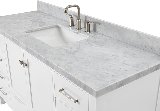 ARIEL Cambridge 60-inch Bathroom Vanity with Sink,Solid Wood, 1.5-inch Italian Carrara Marble Countertop, Single Rectangular Porcelain Sink, 2 Soft Closing Doors, 9 Dovetail Drawers, White