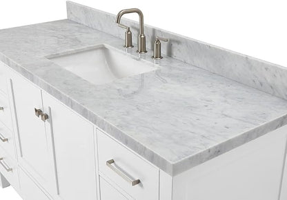 ARIEL Cambridge 60-inch Bathroom Vanity with Sink,Solid Wood, 1.5-inch Italian Carrara Marble Countertop, Single Rectangular Porcelain Sink, 2 Soft Closing Doors, 9 Dovetail Drawers, White