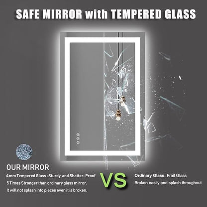 LED Bathroom Mirror, 28"X36" with Front Light and Backlit | Stepless Dimmable, Anti-Fog, Shatter-Proof, HD Reflection, Memory, 3 Colors Lighting, UL Listed (Horizontal/Vertical).