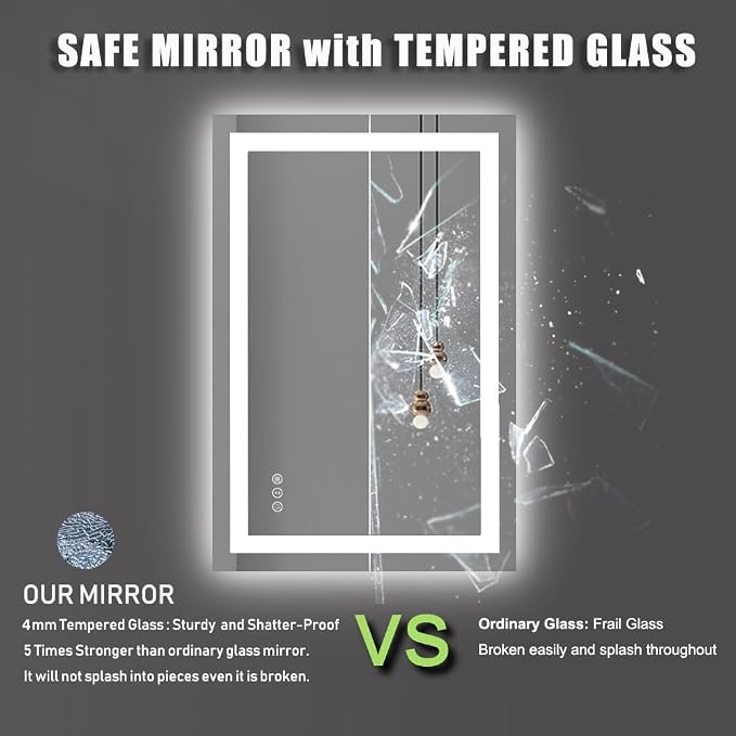 LED Bathroom Mirror 24"X36" with Front Light and Backlit | Stepless Dimmable, Anti-Fog, Shatter-Proof, HD Reflection, Memory, 3 Colors Lighting, UL Listed (Horizontal/Vertical).
