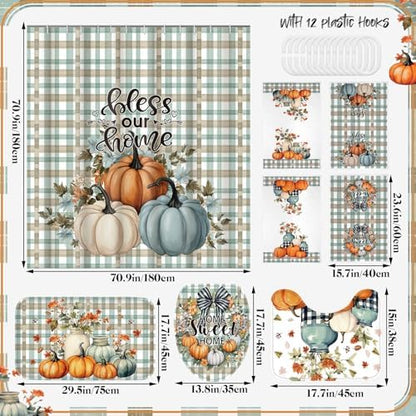 Honoson 8 Pcs Fall Pumpkin Plaid Shower Curtain Set, Bless Our Home Farmhouse Country Bath Decor with Non Slip U Mat, Rectangular Toilet Cover Towels for Autumn Thanksgiving Housewarming Decor