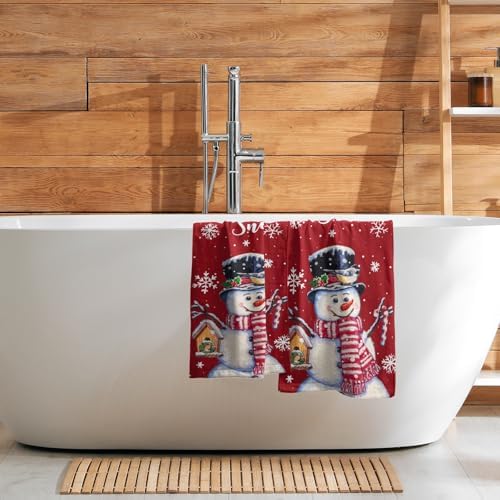 Red Christmas Hand Towels Set of 2, 28x14 Inch Winter Snowman Snow Xmas Absorbent Microfiber Soft Washcloths Guest Face Tea Towel for Kitchen Bathroom Home Hotel Gym Spa