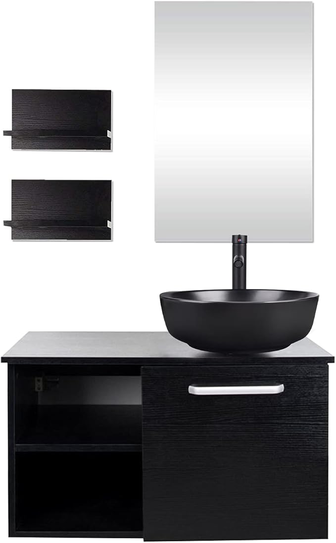 YOURLITE 28" Wall Mounted Bathroom Vanity Modern Lavatory Wood Cabinet with Mirror Black Round Countertop Sink Combo Vanities Set