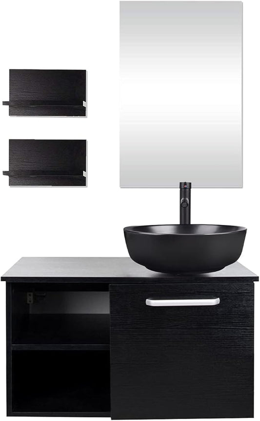 YOURLITE 28" Wall Mounted Bathroom Vanity Modern Lavatory Wood Cabinet with Mirror Black Round Countertop Sink Combo Vanities Set