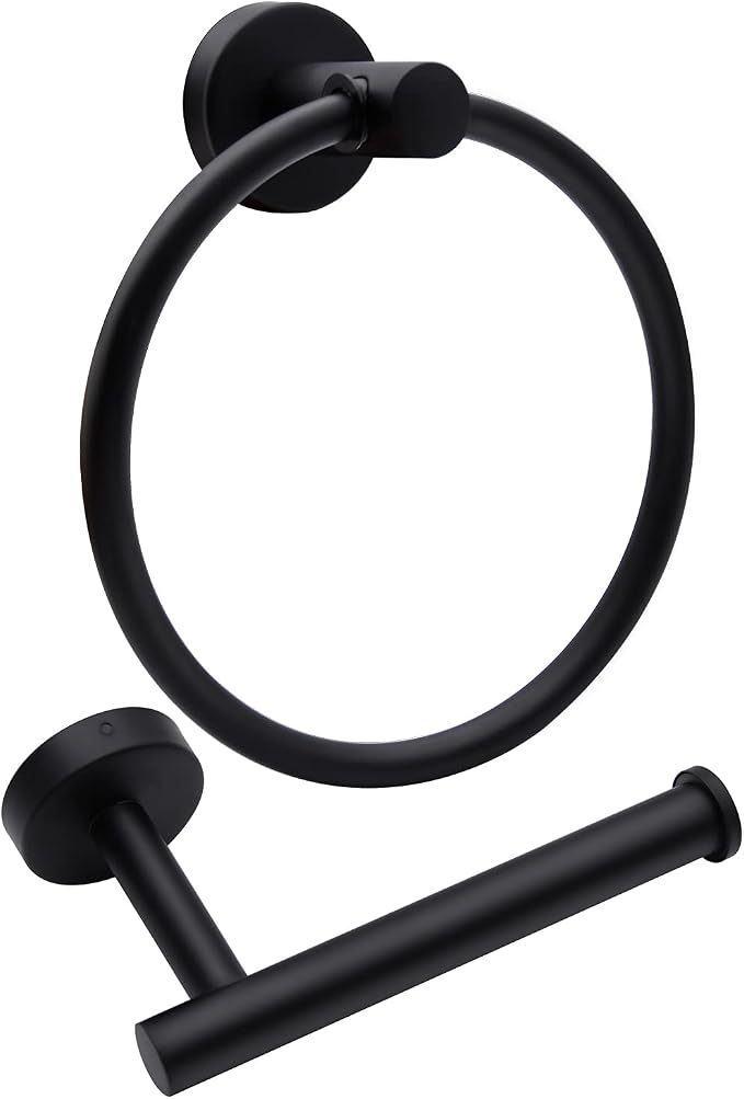 2pcs Matte Black Toilet Paper Holder and Towel Ring Set, Stainless Steel