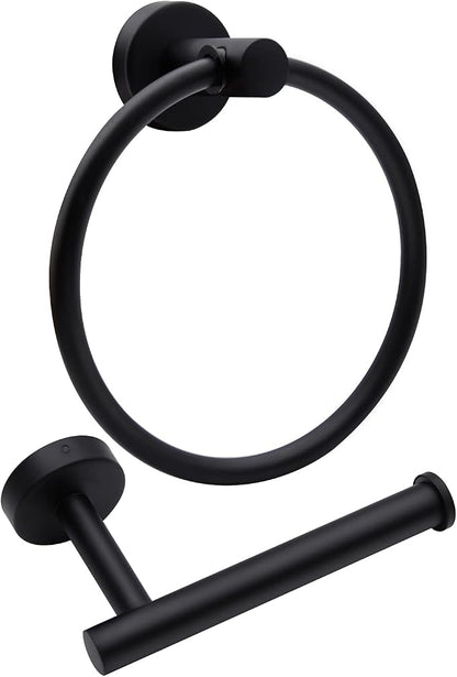 2pcs Matte Black Toilet Paper Holder and Towel Ring Set, Stainless Steel