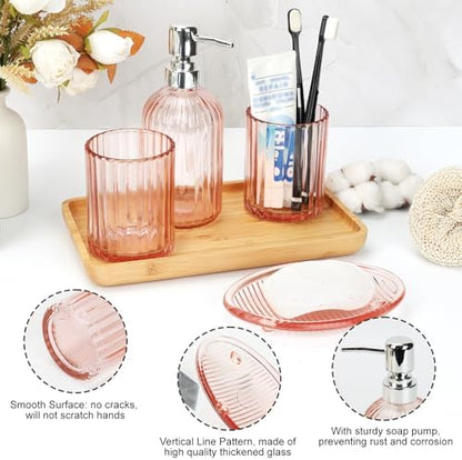Glass Bathroom Accessories Set, 4Pcs Bathroom Accessories Sets Complete Lotion Soap Dispenser, Toothbrush Holder, Mouthwash Cup, Soap Dish for Bath Decor, Countertop Vanity Organizer (Pink)