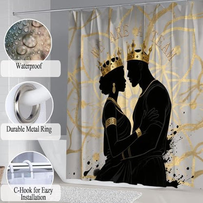 4PCS Boho Black King Queen Shower Curtain Set with Waterproof Shower Curtain Non-Slip Bath Mat Rug Toilet Lid Cover, Romantic African American Black Man Woman Fathers Day Bathroom Decor Set