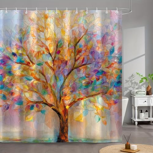 Moonslim Colorful Tree Shower Curtains, Stained Glass Trees Leaves Colored Seasons Fabric Shower Curtain Set Modern Aesthetic Bath Curtain for Bathroom Decor Waterproof Cloth with Hooks 72X84 Inch